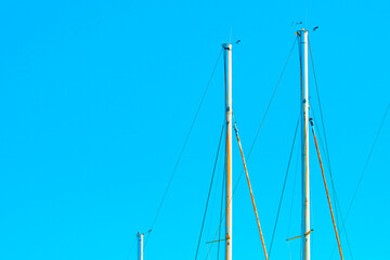 Obraz premium Upper parts of sailboat masts against a clear blue sky. Masts are equipped with various rigging lines and small devices at their tops, creating a visually scene due to the contrast with vibrant sky