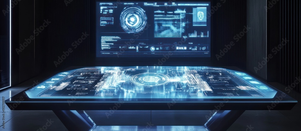 Poster futuristic interactive table displaying data and digital information on a large screen.