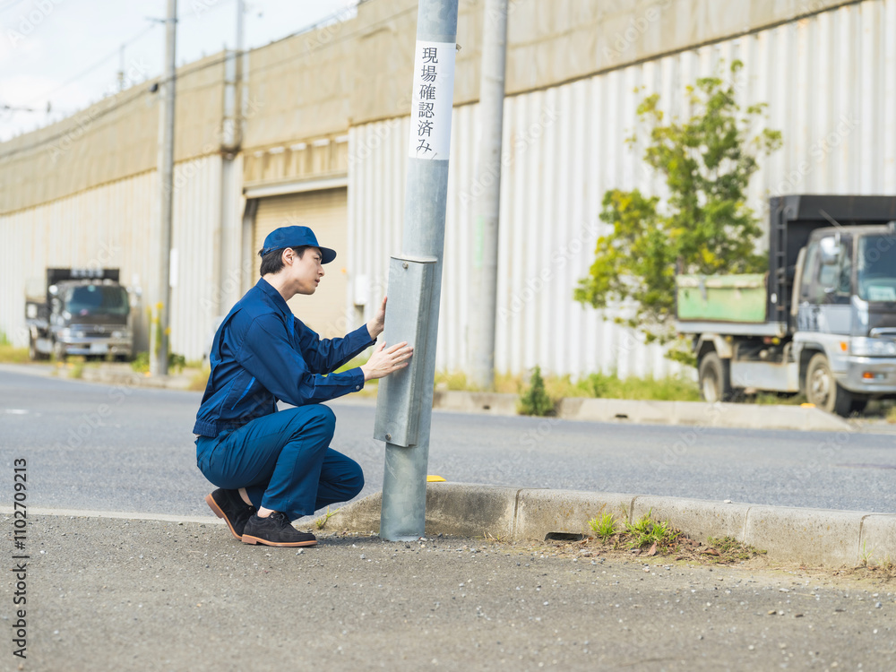 Poster 鑑識、工事、男性、事故、現場検証、確認、チェック、保険、スタッフ、交通、道路、職員、警察、警官、当て逃げ、証拠、捜査、事件、ひき逃げ、現場、検証、電柱、公共物、自損、器物損壊、賠償、修理、作業員、建設、設置、産業、歩道、安全、危険、曲がる、衝突、屋外、仕事、職業、日本人、作業服、設備、行政、通報、都市、街、調査、目撃者、張り紙、人物