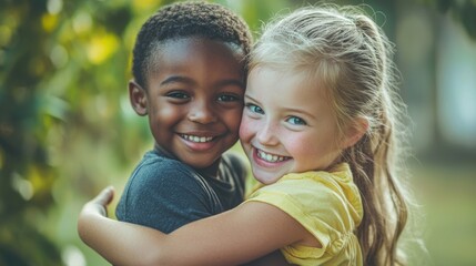 Fototapeta premium Children engaging in kind behaviors, such as sharing and helping each other