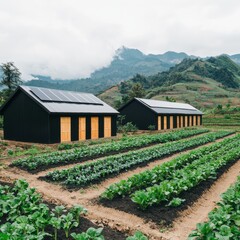 Eco-friendly farming initiative mountain region sustainable agriculture green environment aerial perspective renewable energy focus