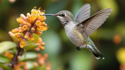 Fototapeta premium A hummingbird drinking nectar from a flower, hovering in mid-air
