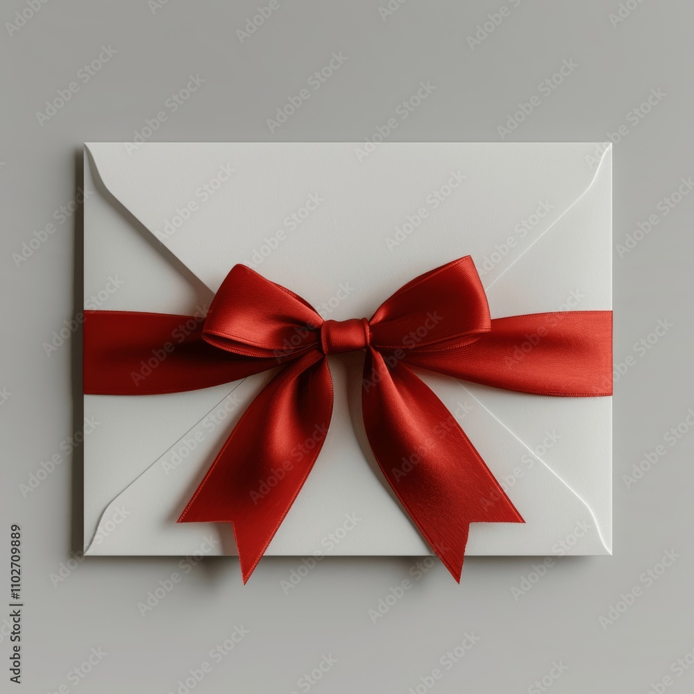 Poster white gift card with red ribbon bow in open red envelope on grey background 3d rendering