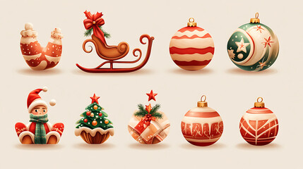 Obraz premium A festive 3D watercolor Christmas icon set of 15 designs, featuring a decorated sleigh, a winter scarf, and sparkling stars, with bold colors and whimsical details. 