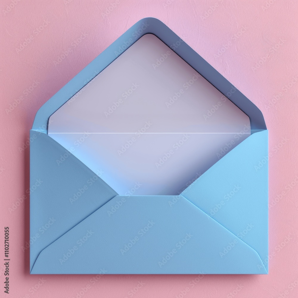 Poster open blue envelope with blank white paper on cyan pastel background - top view 3d render