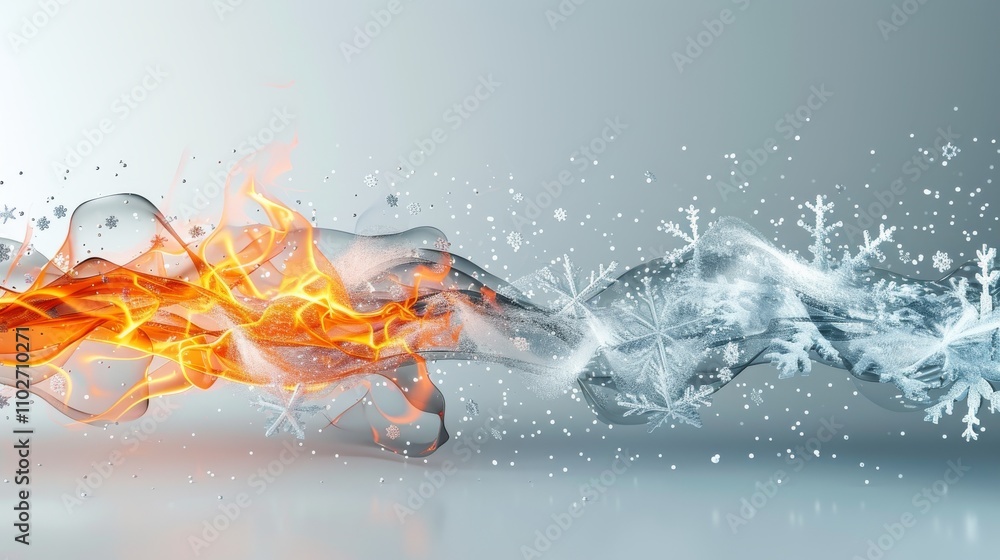 Poster an artistic rendering of fire and ice merging in a fluid motion, with snowflakes swirling around, sh