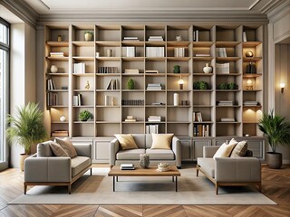 Sophisticated Library Interior Design: Stone Gray Walls & Beige Shelving - Neutral Color Palette Product Photography