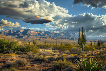 Desert and flying saucers in the sky at sunset in the clouds