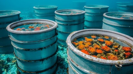 Sustainable underwater garden featuring repurposed structures coral reefs marine life clear waters ocean conservation concept