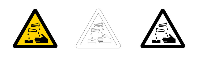 Warning or hazard signage for corrosive material in a yellow triangle.