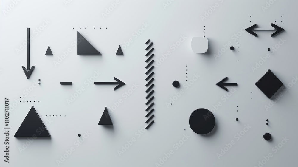 Aufkleber a clean, minimalistic composition featuring black geometric shapes and arrows arranged randomly on a