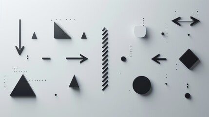 A clean, minimalistic composition featuring black geometric shapes and arrows arranged randomly on a white surface. The abstract design combines triangles, circles, squares, and arrows to create a