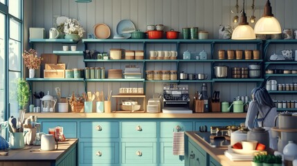 Create a cozy, well-organized home goods store with neatly arranged