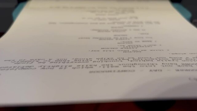 A shot of a screenplay printing out of a printer, capturing the pages emerging one by one. Ideal for creative or film production-related content.