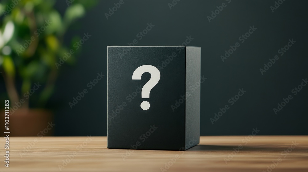 Aufkleber mysterious black box with question mark on table