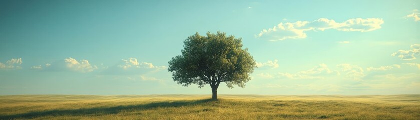A solitary tree in the middle of a grassy plain, with a vast sky above