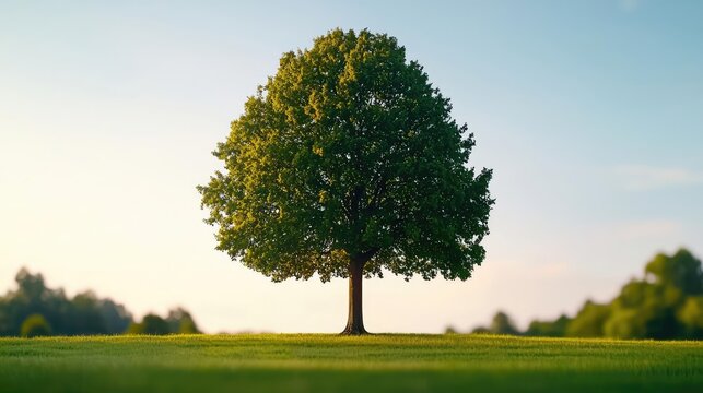 Lush green tree standing alone in a serene open field under a clear blue sky.