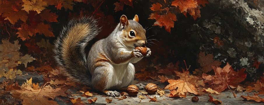 A squirrel nibbling on a nut, surrounded by fallen leaves