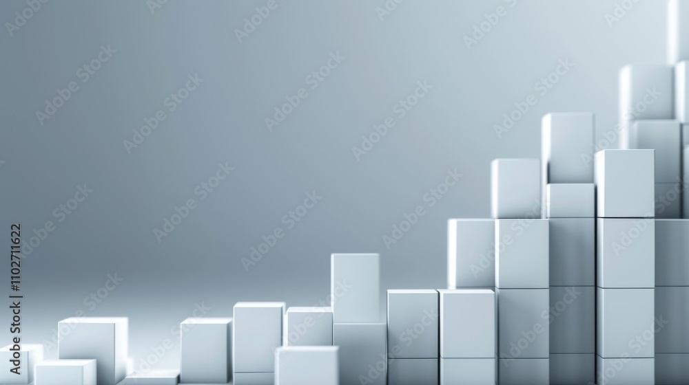 Poster a minimalistic 3d rendering of white cubes arranged in a bar graph formation, symbolizing data analy