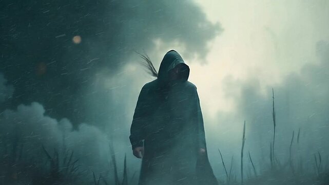 Hooded Man Walking Through Tall Grass and Fog 4K features an A.I. generated video of a man in a hooded cloak walking through tall grass toward the camera with smoke or fog in the background.