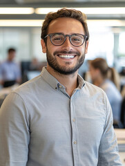Fototapeta premium Confident man wearing glasses and casual shirt, smiling in office environment, showcasing professionalism and approachability