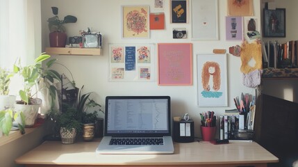 Create a home office with a laptop and a wall of motivational quotes.