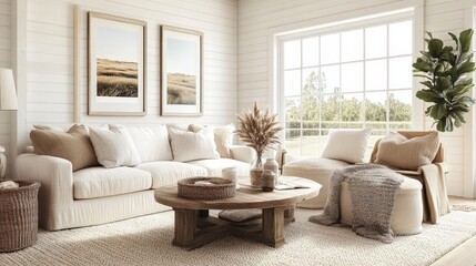 Create a modern farmhouse living room with white shiplap walls, comfortable furniture, and rustic