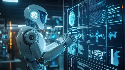 Futuristic robot interacting with a holographic interface displaying data.