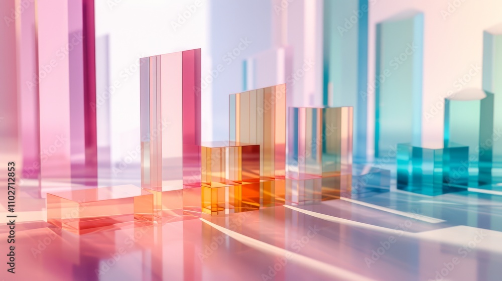 Poster abstract 3d render featuring glass bars in vibrant pastel colors, creating a geometric bar graph eff