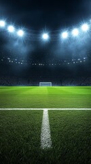 Obraz premium Soccer Stadium at Night with Goalpost and Floodlights Lively Atmosphere for Match