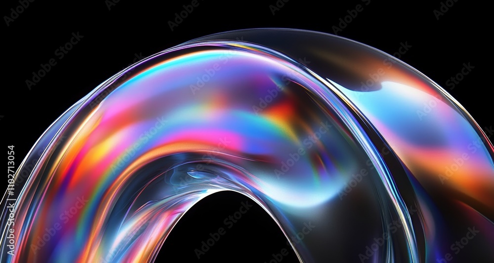 Poster futuristic abstract 3d iridescent metallic structure with glossy surface and dark background