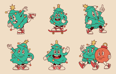 set of retro tree merry Christmas 