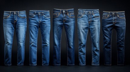Five pairs of blue jeans in various shades arranged against a dark background.