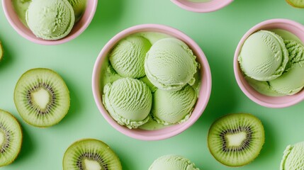 A vibrant arrangement of green kiwi slices and scoops of mint ice cream in pink bowls, set on a pastel green background.
