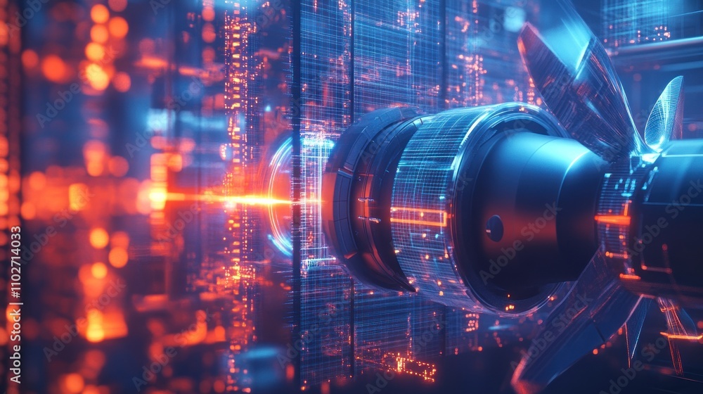Poster futuristic transparent engine with vibrant lights and intricate circuitry.