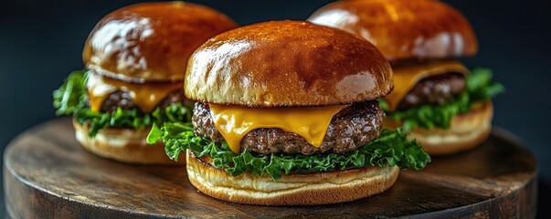 Three delicious cheeseburgers with lettuce on a wooden board