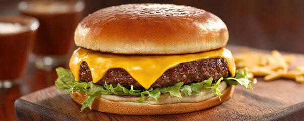 Delicious cheeseburger with melted cheese, lettuce, and a sesame bun
