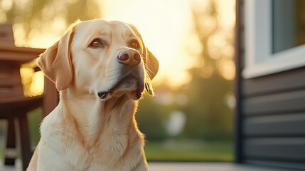 Labrador dog sitting outdoors during sunset with soft golden light.
