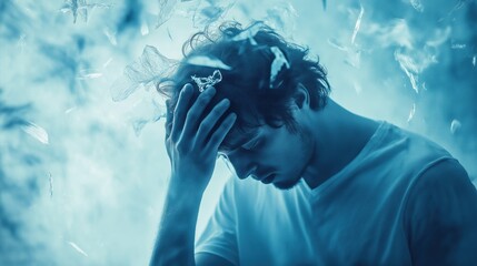 Man in Distress with Glass Particles, Embodying Mental Health Struggles and Anxiety Symptoms.