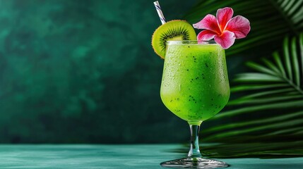 A vibrant green smoothie garnished with kiwi and a pink flower, served in a stylish glass against a lush, tropical backdrop.