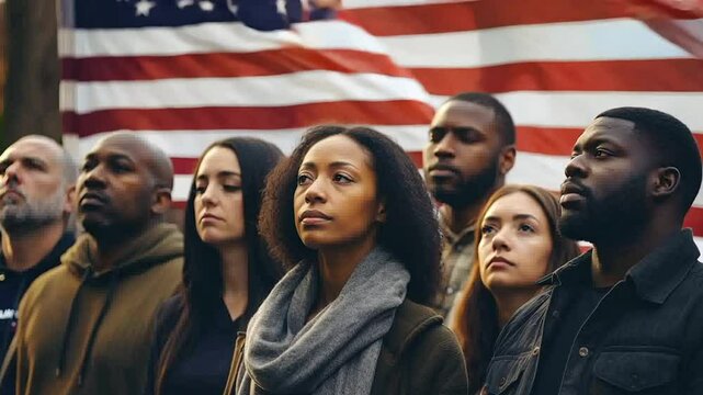 Diverse crowd of people standing in front of American flag