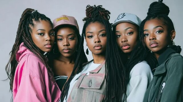 Girls group on a fashion photo shoot in studio