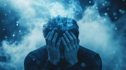 Man in Distress with Glass Particles, Embodying Mental Health Struggles and Anxiety Symptoms.