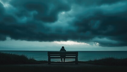 Solitary Contemplation by the Sea: A Reflective Moment Amidst Dark Skies.Anxiety Symptoms.