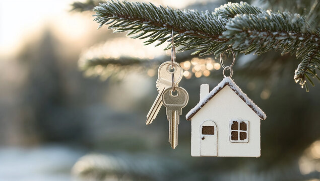 Winter Home Celebration, Frosty House Ornament and Keys on Christmas Tree