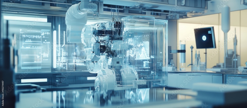 Poster futuristic robotic arm in a modern lab setting with holographic displays.