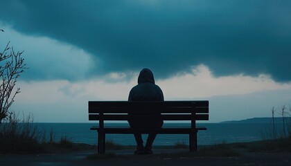 Solitary Contemplation by the Sea: A Reflective Moment Amidst Dark Skies.Anxiety Symptoms.