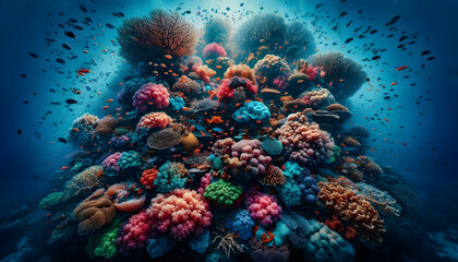 Naklejka premium Underwater Clusters of colorful corals surrounded by fish and marine life, creating a stunning underwater scen2