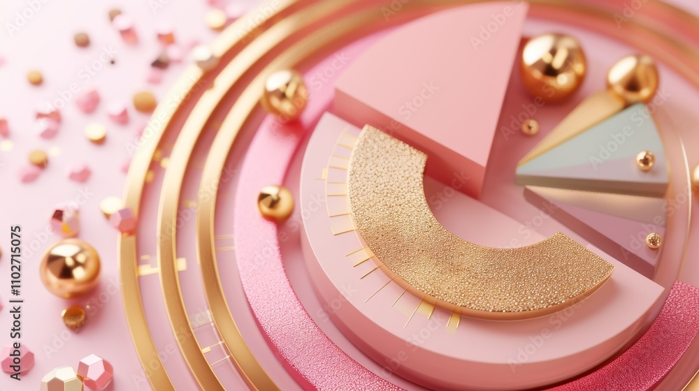 Poster this ai-generated image features an abstract 3d pie chart in gold and pink, symbolizing business ana