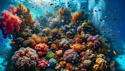 Fototapeta premium Underwater A vibrant coral reef teeming with life, including schools of fish, seaweed, and hidden creatures in4